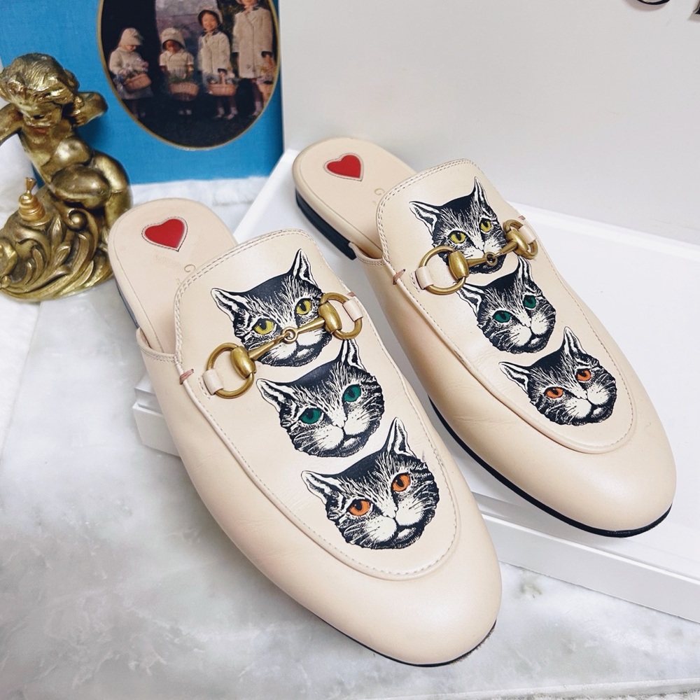 Authentic Gucci Cream / Pink Cat Embroidered Horsebit Leather Princetown Mules - Picture 5 of 14